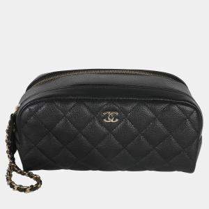 Pre Owned Chanel Black Quilted Caviar Toiletry Case With Chain