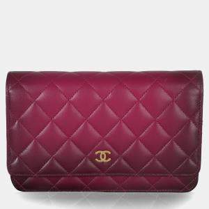 Pre Owned Chanel Dark Pink Ombre Quilted Lambskin Classic Wallet On Chain