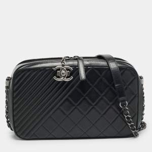Pre Owned Chanel Coco Boy Large Black Quilted Leather Camera Case Bag