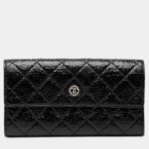 Pre Owned Chanel Black Distressed Quilted Patent Brilliant Flap Long Wallet