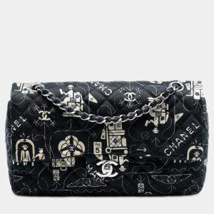 Pre Owned حقيبة رفرف شانيل ساتان سوداء كلاسيكية متوسطة سحاب مزدوج