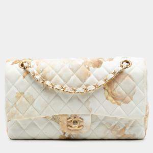 Pre Owned حقيبة شانيل قلاب مزدوج زهري قماشي مطبوع كلاسيكي أبيض/بيج متوسط