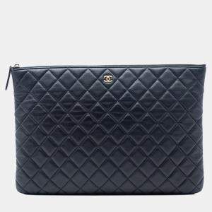 Pre Owned Chanel Blue Paris Dubai Large CC Quilted Lambskin O Case Clutch