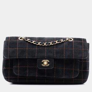 Pre Owned Chanel Black CC Choco Bar Suede Stitched Chain Flap