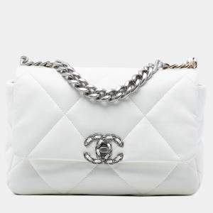 Pre Owned Chanel White Medium Lambskin 19 Flap