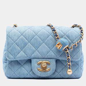 Pre Owned Chanel Blue Mini Square Classic Denim Pearl Crush Single Flap