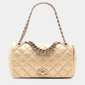 Pre Owned Chanel Gold Medium Quilted Aged Calfskin Pondichery Flap