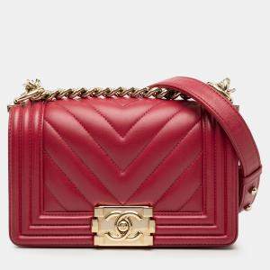 Pre Owned Chanel Red Small Chevron Calfskin Boy Flap