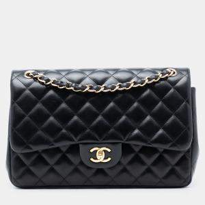 Pre Owned حقيبة شانيلا سوداء كبيرة كلاسيكية من جلد الخروف بغطاء مزدوج