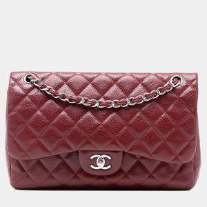 Pre Owned Chanel Red Jumbo Classic Caviar Double Flap