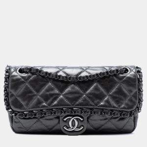 Pre Owned Chanel Grey Small Quilted Metallic Aged Calfskin Chain Me Flap