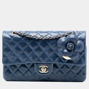 Pre Owned Chanel Blue Medium Classic Glazed Calfskin Camellia Double Flap