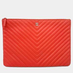 Pre Owned Chanel Orange Leather Chevron Clutch Large
