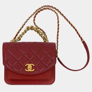 Pre Owned Chanel Red Mini Quilted Calfskin and Caviar Chain Handle Flap