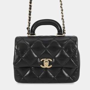 Pre Owned حقيبة شانيل بحمالة كتف ذات مقبض علوي جلد عجل لامع أسود مقلم حجم صغير