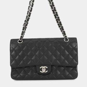 Pre Owned Chanel Matelasse Double Flap 25 Black Caviar Leather Shoulder Bag