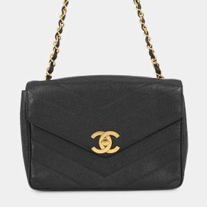 Pre Owned Chanel Chevron Flap Black Caviar Leather Shoulder Bag