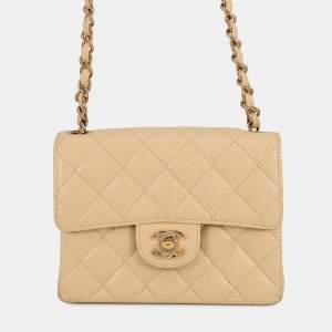 Pre Owned Chanel Matelasse Mini Beige Caviar Leather Chain Shoulder Bag