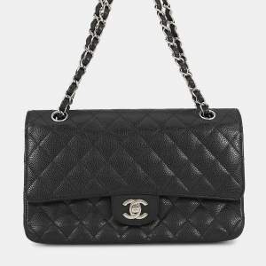 Pre Owned حقيبة شانيل شانيل مزدوجة رفرف سلسلة كتف جلد كافيار أسود مقاس ٢٥