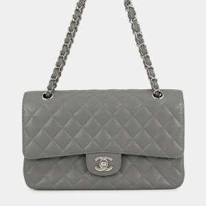 Pre Owned حقيبة شانيال رمادية كافيار جلد مزدوجة رفرف بحجم 25 بحزام سلسلة على الكتف