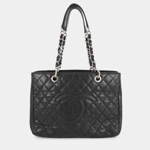 Pre Owned Chanel GST Chain Tote Bag Black Caviar Leather