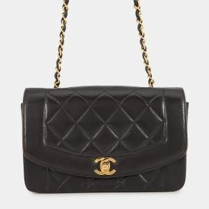 Pre Owned حقيبة كتف سلسلة شانيل ديانا جلد حملان أسود بحجم 22