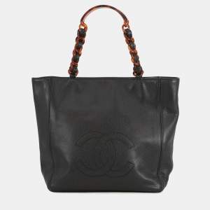 Pre Owned Chanel Cc Logo Plastic Chain Tote Bag Black/Brown Caviar Leather