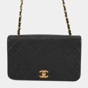 Pre Owned Chanel Matelassé Full Flap Chain Shoulder Black Lambskin Leather Shoulder Bag