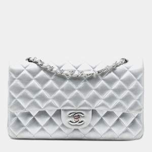 Pre Owned حقيبة كتف شانيل فضية متوسطة معدنية جلد حمل مزدوجة