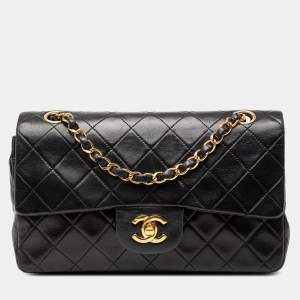 Pre Owned Chanel Black Small Classic Lambskin Double Flap