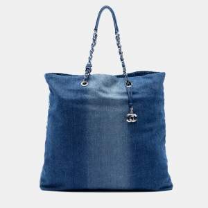Pre Owned Chanel Blue Printed Denim Shopping Tote