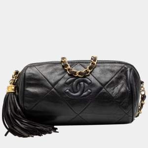 Pre Owned Chanel Black Quilted Lambskin Tassel Barrel Crossbody
