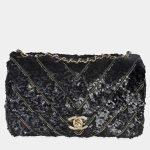 Pre Owned Chanel Chevron Chain Single Flap Mini Black Silk Sequin Flap Bag