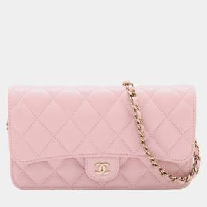 Pre Owned Chanel Pink CC Quilted Caviar Flap Phone Holder Wallet on Chain