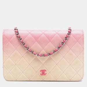 Pre Owned Chanel Pink, Yellow Ombre Lambskin Degrade Wallet On Chain