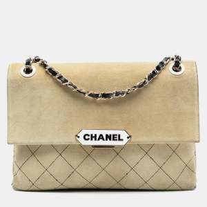 Pre Owned Chanel Brown Quilted Suede Retro Label Flap