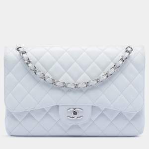 Pre Owned حقيبة رفرف مزدوج كلاسيك شانيل كافيار أبيض جامبو