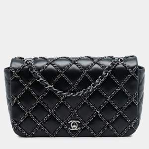 Pre Owned حقيبة شانيل سوداء شعار CC مبطن جلد حمل مع سلسلة مزخرفة