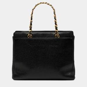Pre Owned Chanel Black Caviar Logo Chain Tote