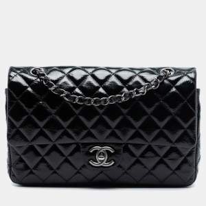 Pre Owned Chanel Black Medium Classic Distressed Patent Double Flap