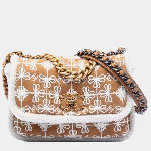 مملوكة مسبقًا Chanel Brown Medium Embroidered Suede 19 Flap with Shearling Trim