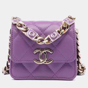 مملوكة مسبقًا Chanel Purple CC Quilted Lambskin Coco Card Holder on Chain