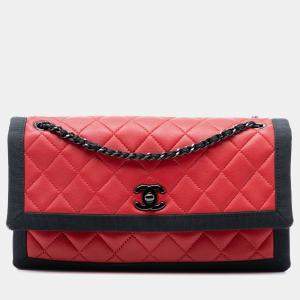 مملوكة مسبقًا Chanel Black, Red Medium CC Bicolor Quilted Lambskin Grosgrain Single Flap