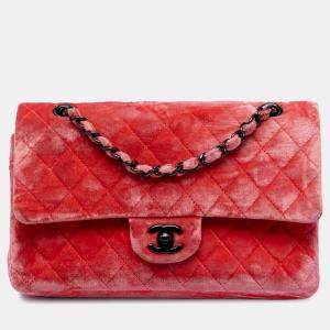 Pre Owned Chanel Red Medium Classic Velvet Double Flap
