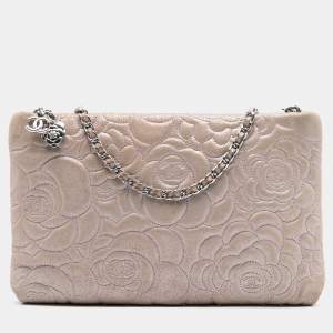 Pre Owned Chanel Pink Embossed Metallic Lambskin Camellia Chain Pochette