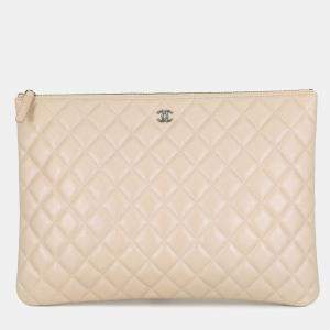 Pre Owned Chanel Matelasse Clutch Bag Beige Lambskin