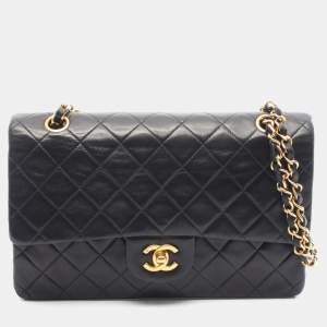 Pre Owned Chanel Matelasse Double Flap Shoulder Bag In Lambskin Leather Black