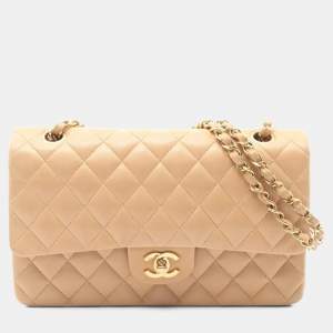 Pre Owned Chanel Matelasse Double Flap Shoulder Bag In Lambskin Leather Beige
