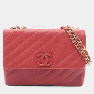 Pre Owned Chanel Bias-Stitch Shoulder Bag In Grained Calfskin Leather Red
