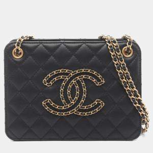 Pre Owned Chanel Matelasse Coco Mark Shoulder Bag Lambskin Leather Black